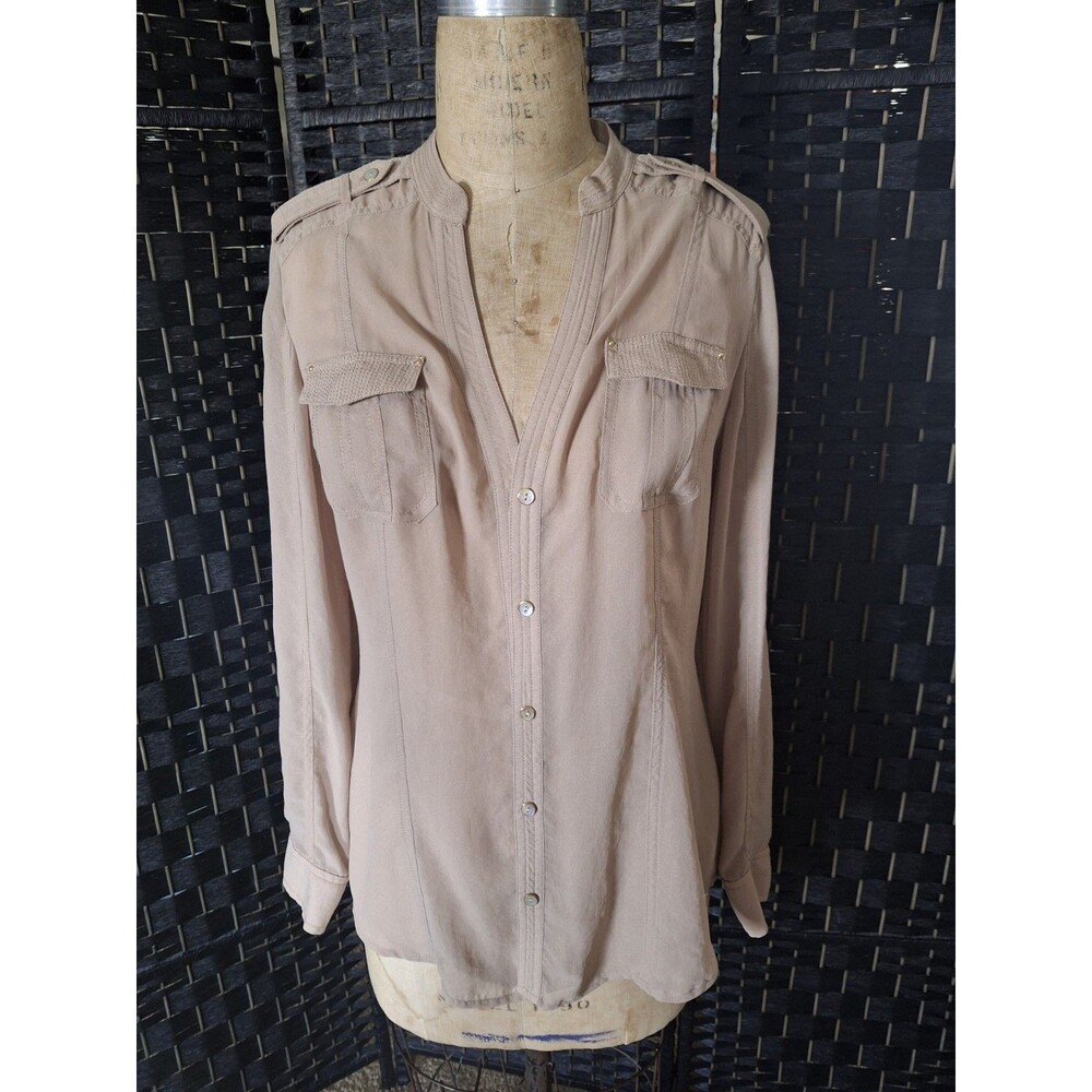 Cache Sheer Blouse Top Large Roll Tab Long Sleeve Buttons Epaulette Utility Y2K